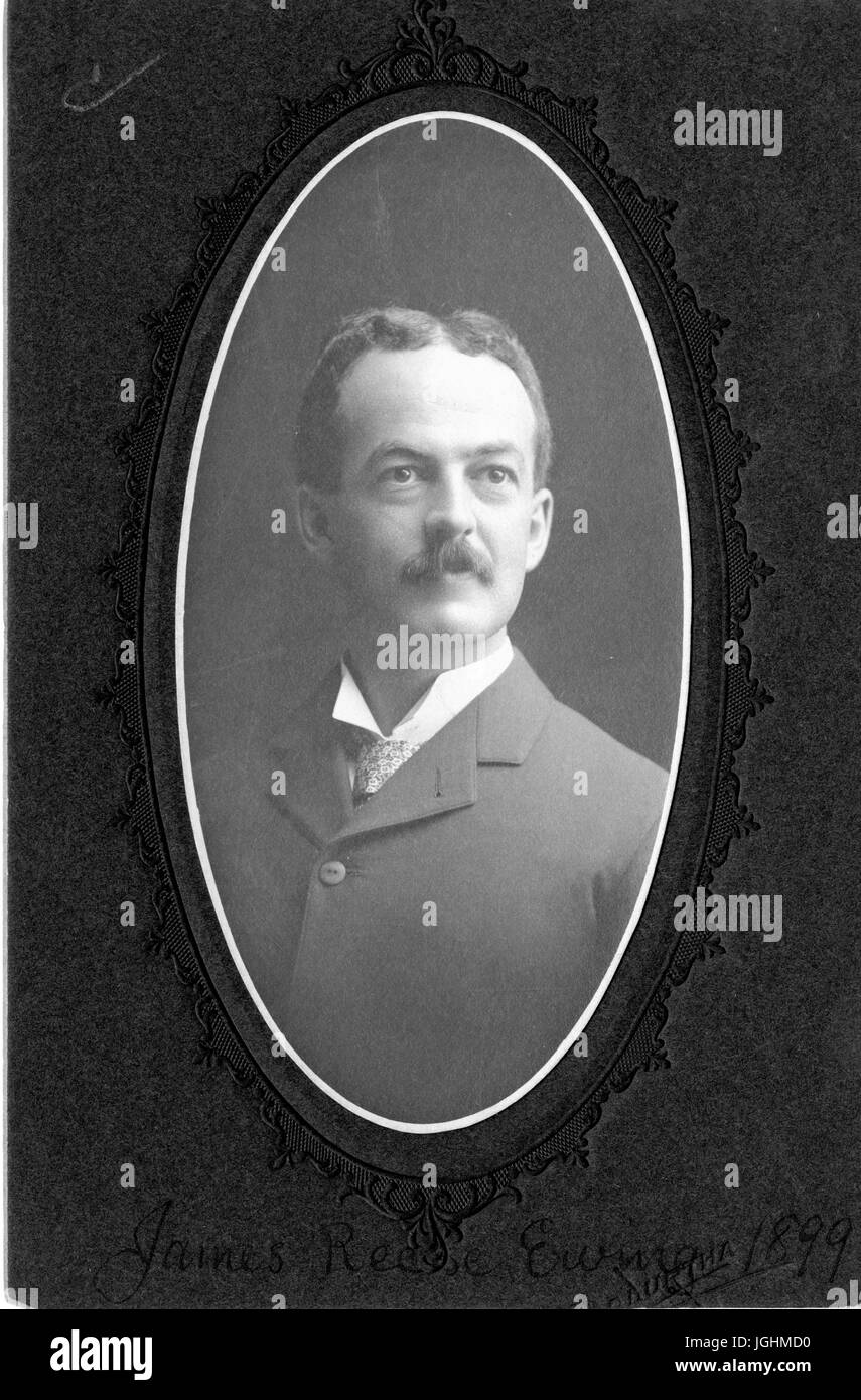 Portrait of James Rees Ewing, graduate student of English, German, and French at Johns Hopkins University in 1899, seated wearing suit and tie, three quarter view, chest up, around 31 years of age, with name written beneath, 1899. Stock Photo