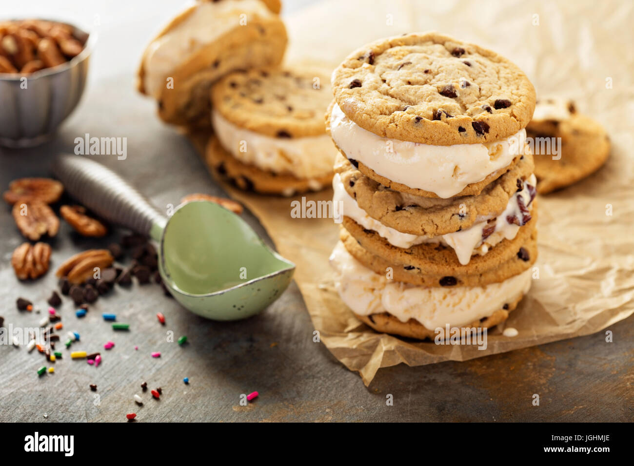 Ice cream sandwiches with chocolate chip cookies Stock Photo Alamy
