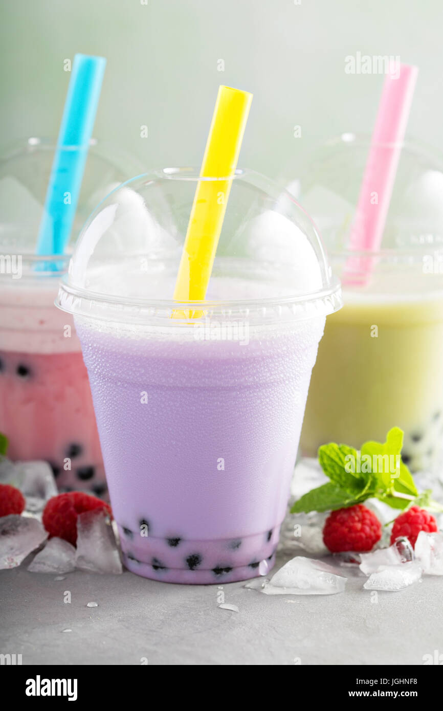 Variety of bubble tea in plastic cups Stock Photo Alamy