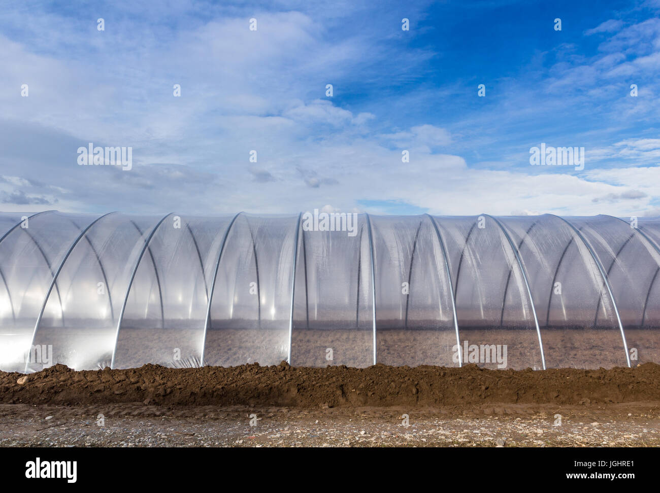 Greenhouse tunnel from polythene plastic on an agricultural field against the blue sky Stock Photo