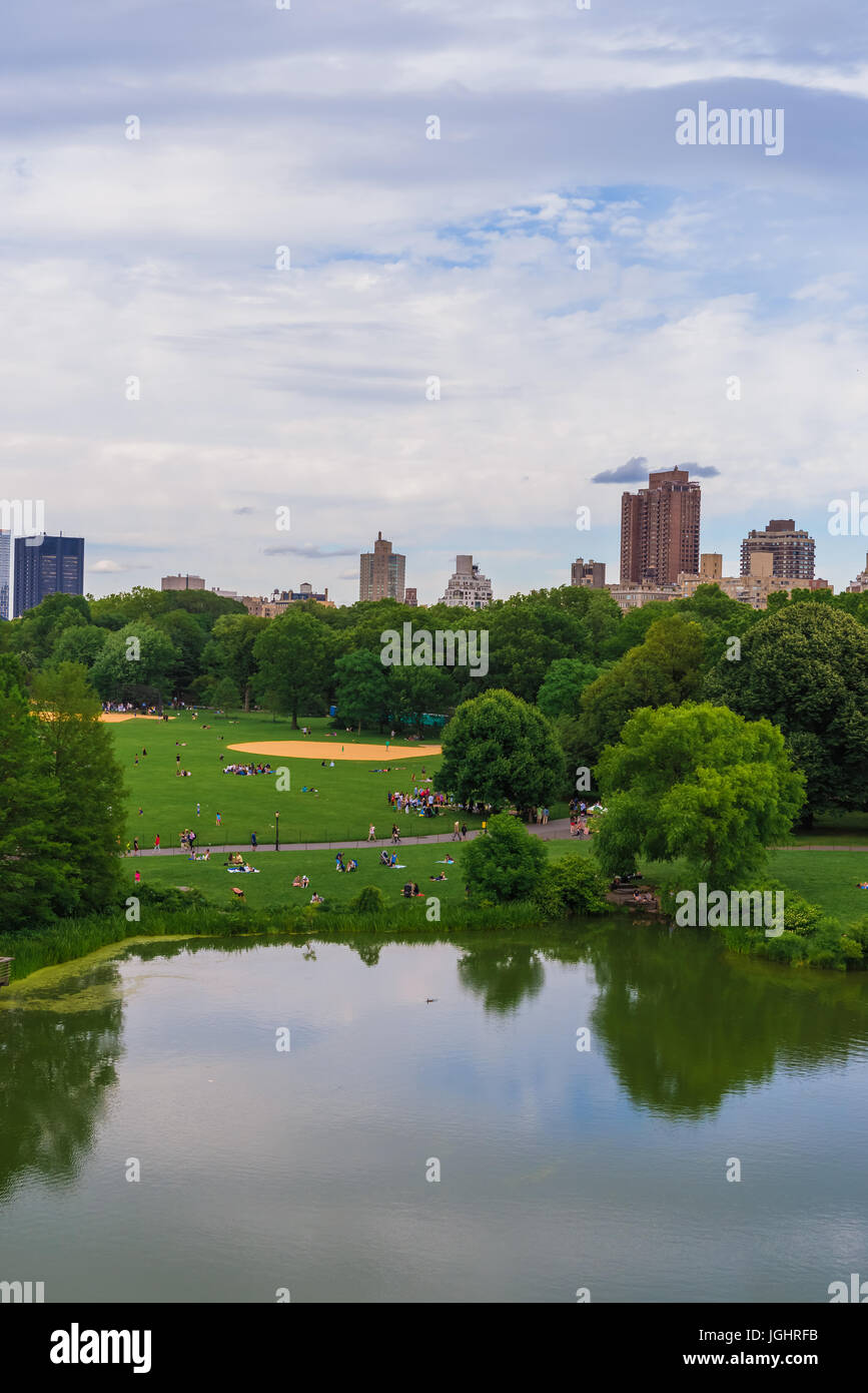 Far off view of crowds in Central Park Stock Photo