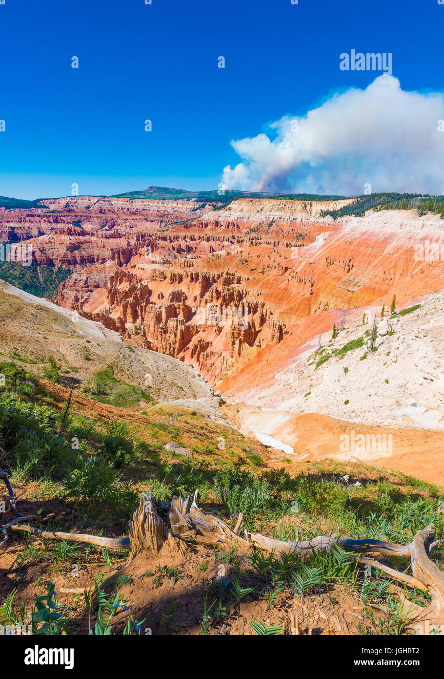 Overlook of Cedar Breaks National Monument while the 2017 Brian Head wildfire is burning in the background Stock Photo