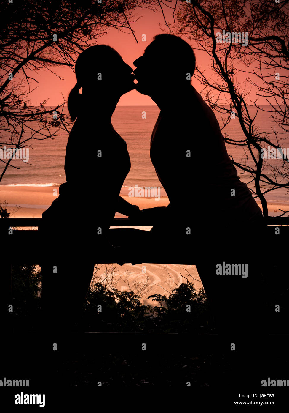 Silhouettes of young couple kissing against sunset sky Stock Photo - Alamy