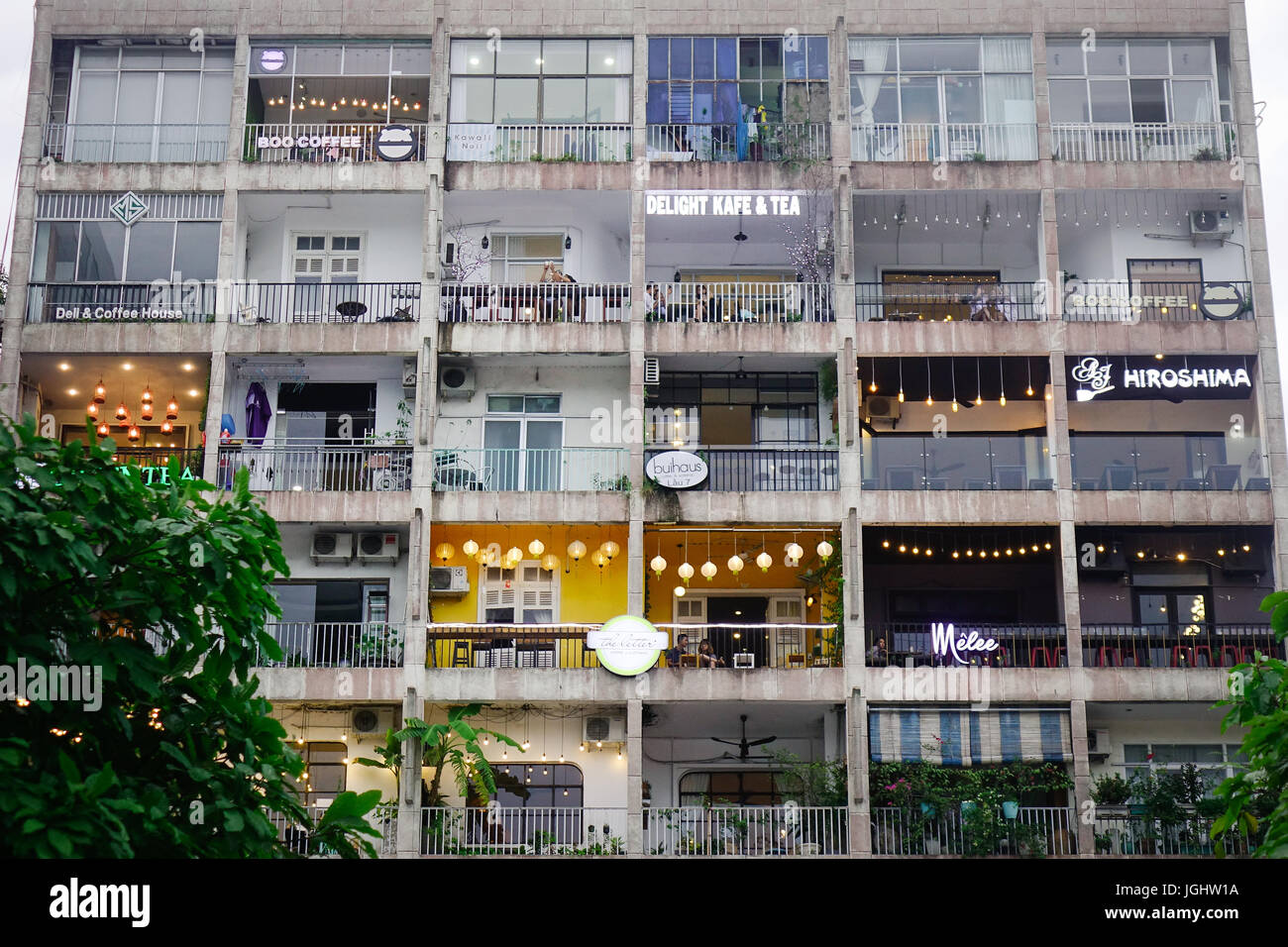 Saigon, Vietnam Jun 30, 2017. Facade of an old apartment at downtown