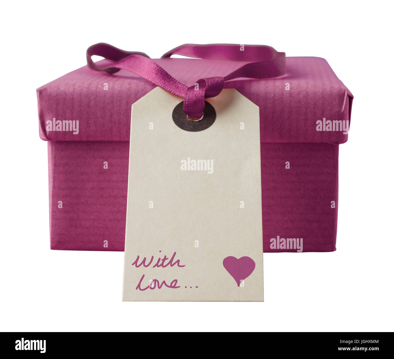 A lidded gift box (lid closed) with parcel tag and ribbon, in an orchid hue, with handwritten message 'with love' and a hand -drawn heart on the label Stock Photo