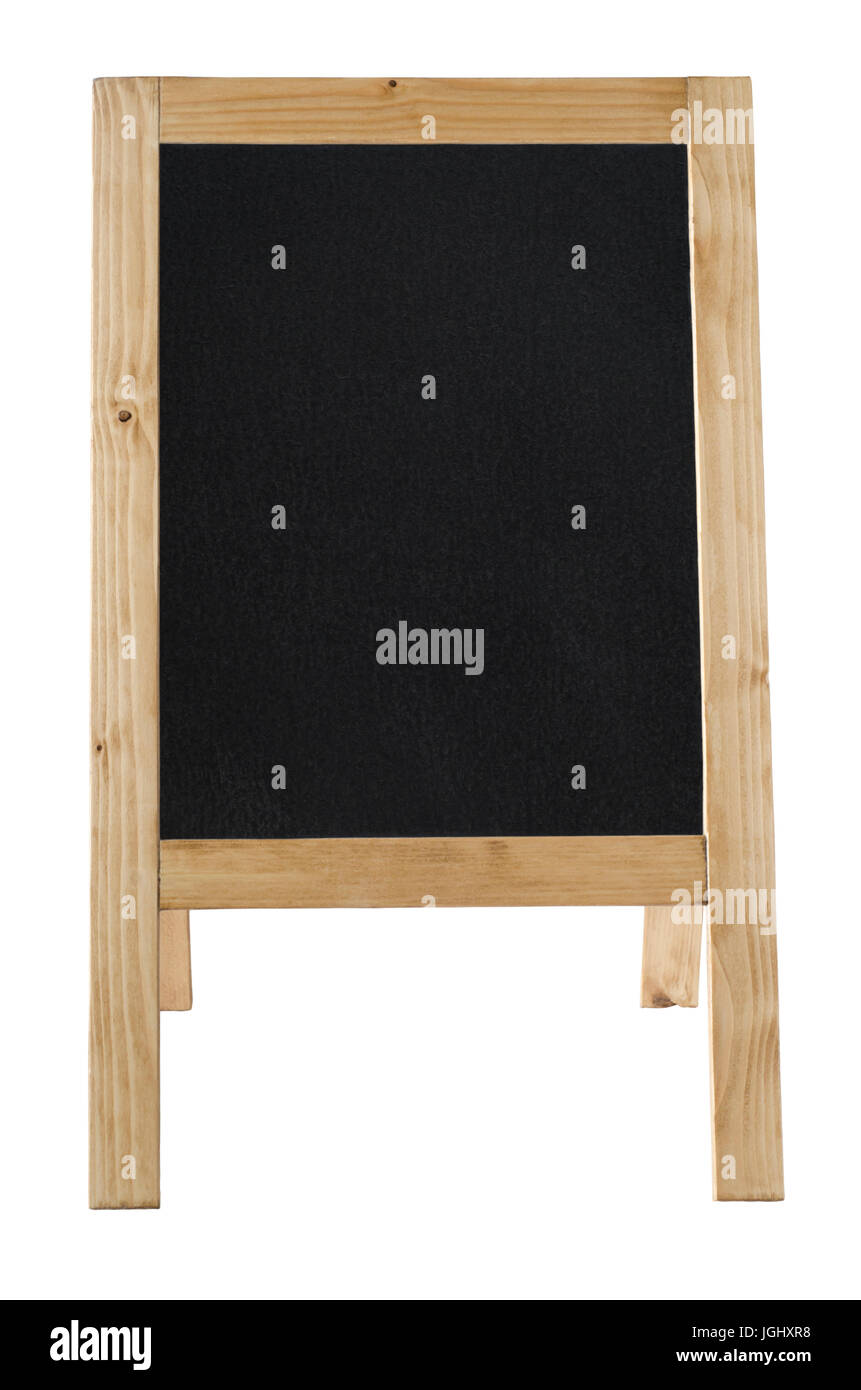 Front view of a freestanding A-frame blackboard, left blank to provide copy space and isolated against a white backkground. Stock Photo