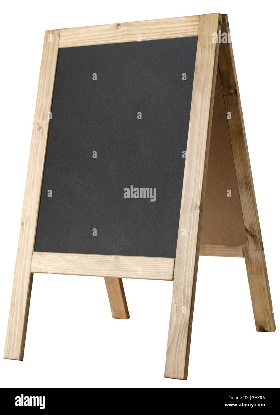 Angled, left facing view of a freestanding A-frame blackboard, board is blank to provide copy space and isolated against a white backkground. Stock Photo
