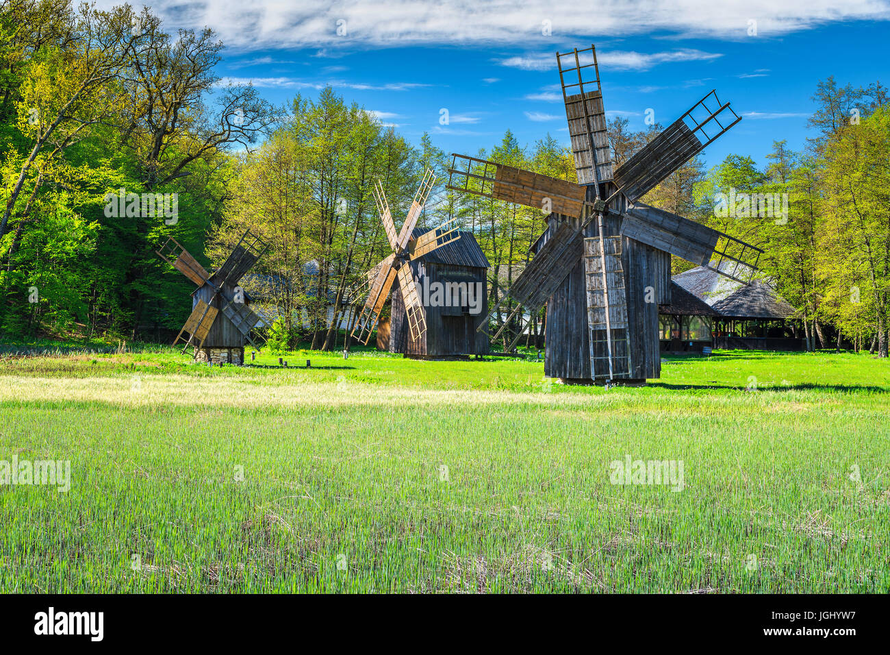 Transylvanian wooden windmills in the Astra Ethnographic Museum, Sibiu, Romania, Transylvania, Europe Stock Photo