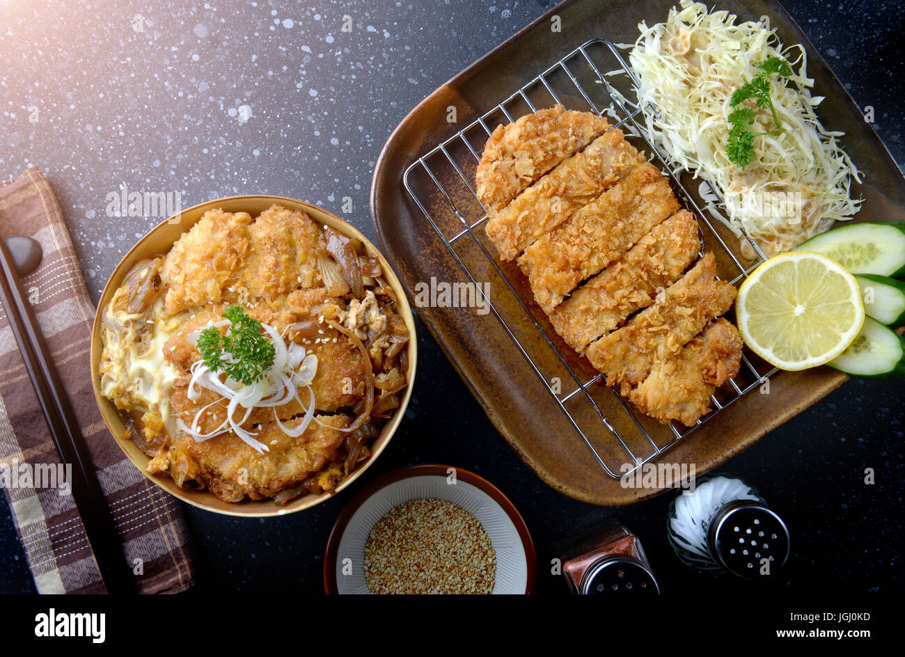 Katsudon or Japanese style fried pork roast with eeg and Japanese