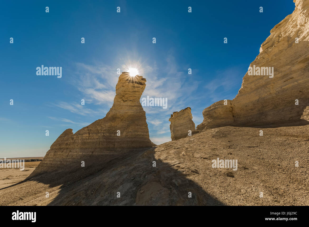 Niobrara Chalk formations at Monument Rocks, aka Chalk Pyramids, the first National Natural Landmark in the United States, Kansas Stock Photo