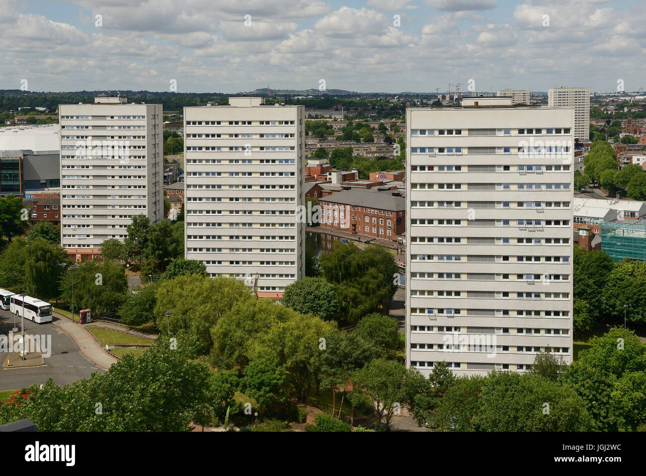 Three 1960's tower blocks in the Civic Centre Estate in Birmingham city