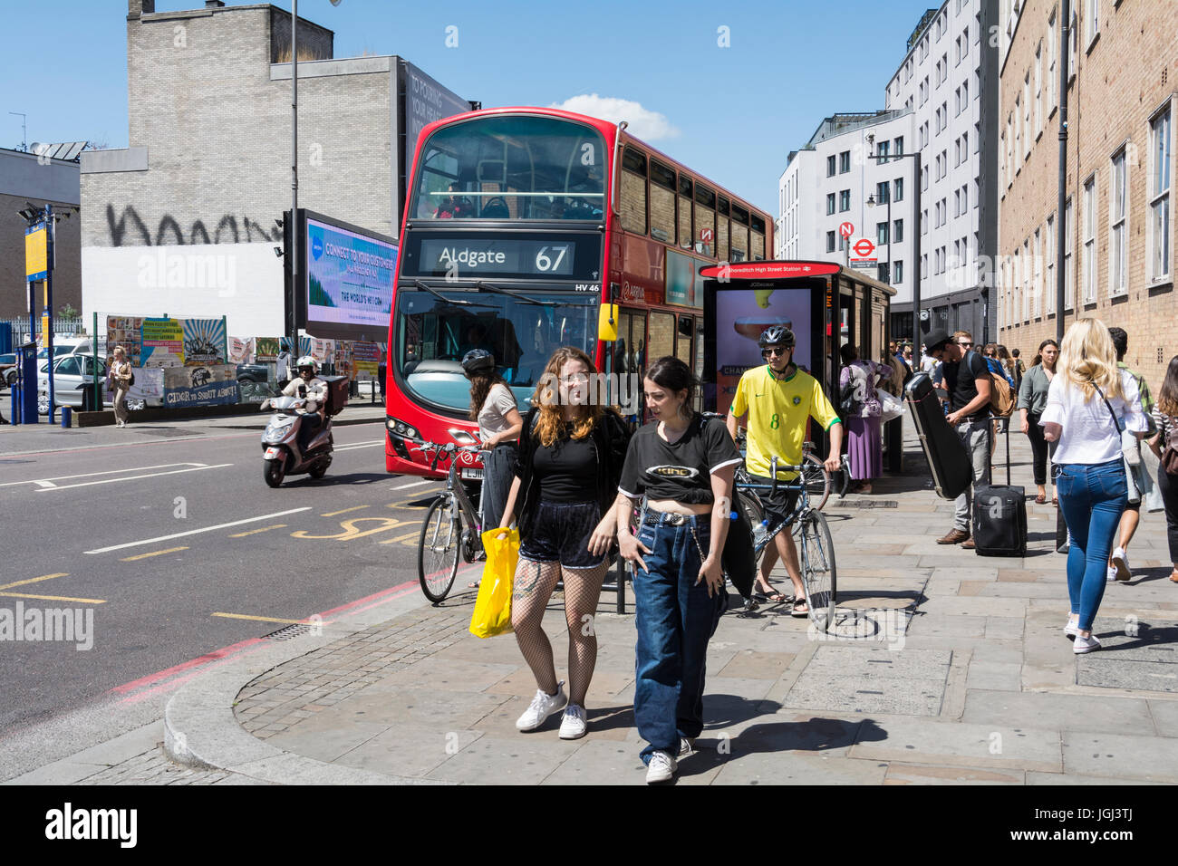 A 67 double decker bus on Shoreditch High Street, London, UK Stock Photo