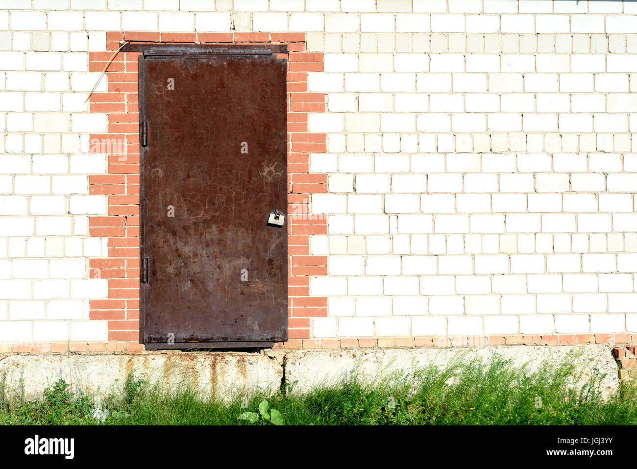 Old rusty metal door with aged brick wall and wild green grass growing. Copy space area for security home DIY based themes and ideas Stock Photo