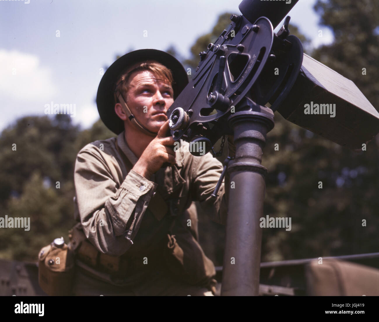A WWII machine gunner at Ft. Knox, Kentucky. Palmer, Alfred T., photographer. Stock Photo