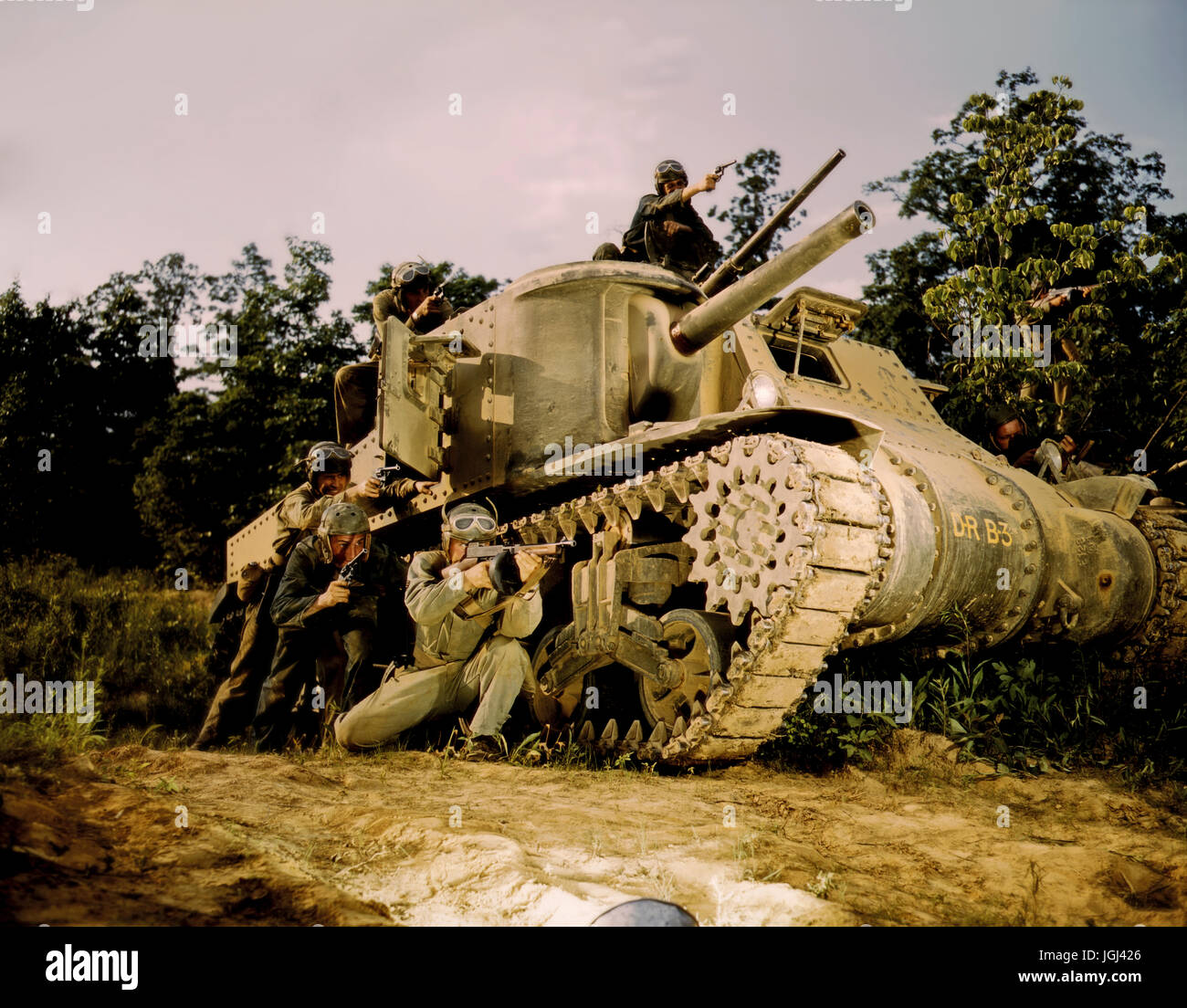 M-3 tank and crew using small arms, Ft. Knox, Ky.  Palmer, Alfred T., photographer.  CREATED/PUBLISHED 1942 June Stock Photo