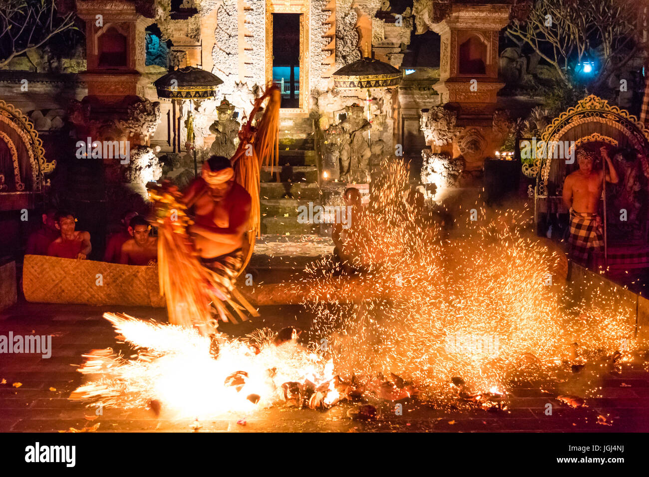 Bali, Indonesia - May 3, 2017 : Popular Kecak Fire and Trance Dance with a fragment from the Hindu epic Ramayana story presented by Taman Kaja Communi Stock Photo