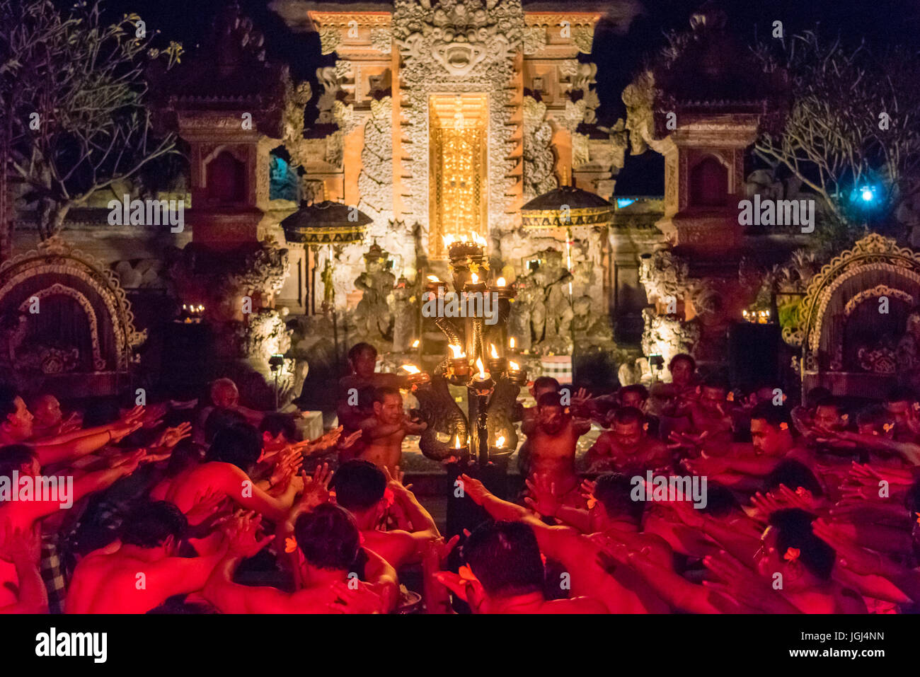 Bali, Indonesia - May 3, 2017 : Popular Kecak Fire and Trance Dance with a fragment from the Hindu epic Ramayana story presented by Taman Kaja Communi Stock Photo