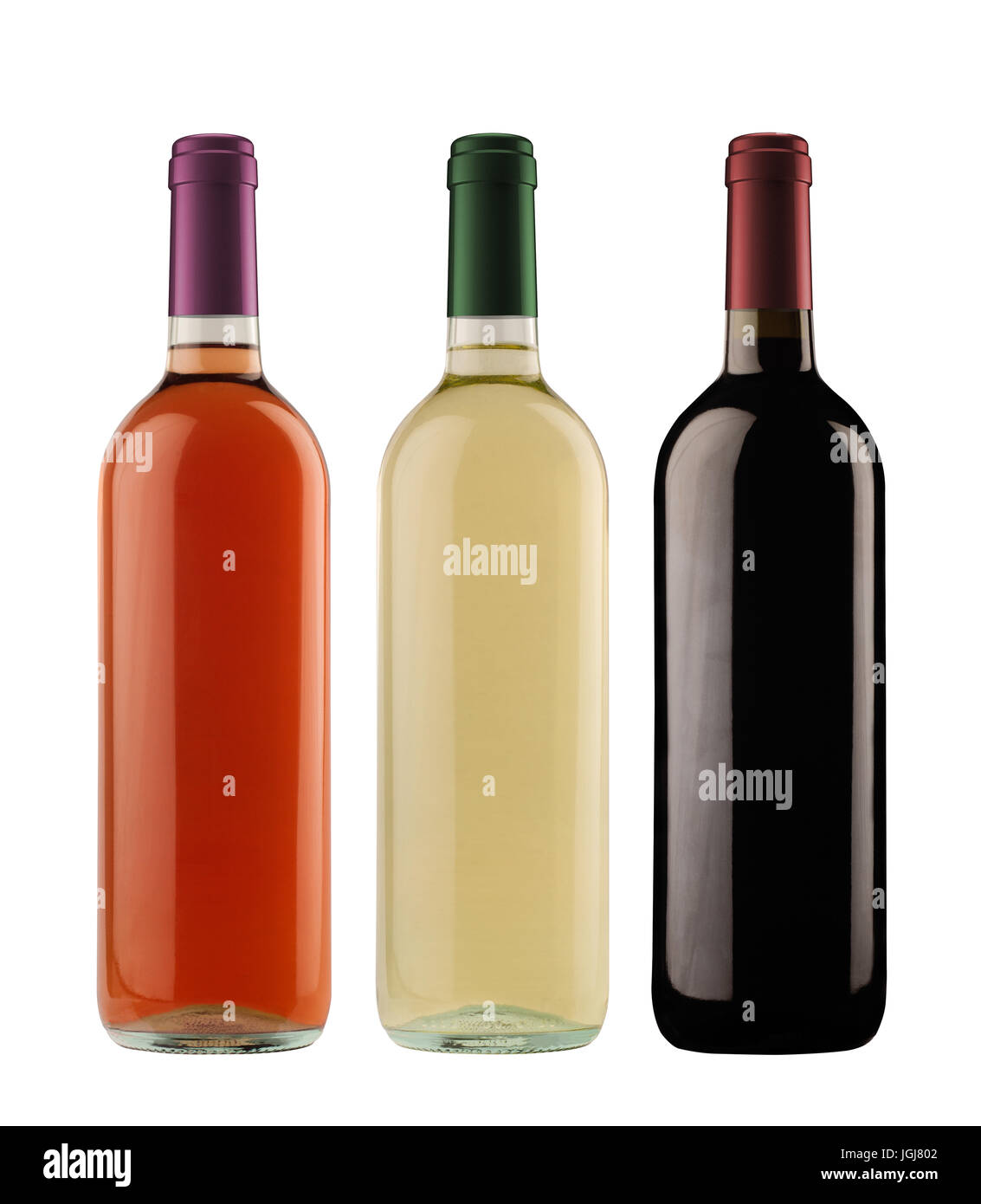 front view of rose white and red wine bottles with assorted colored caps isolated on white background Stock Photo