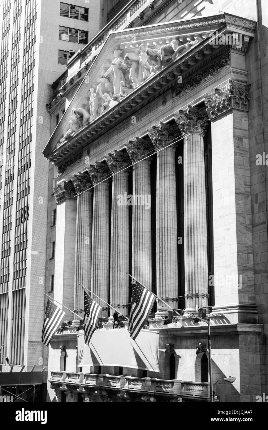 New York Stock Exchange from the stairs of the Federal hall in Wall street, Manhattan Stock Photo