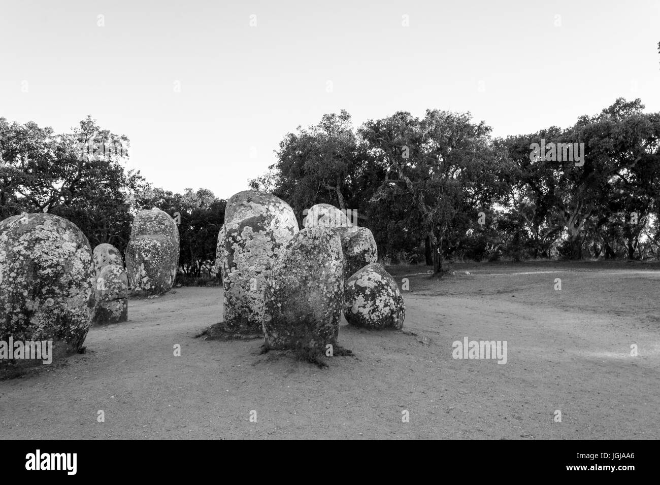 Almendres cromlech in Portugal is one of the largest monolithic complexes in Europe Stock Photo