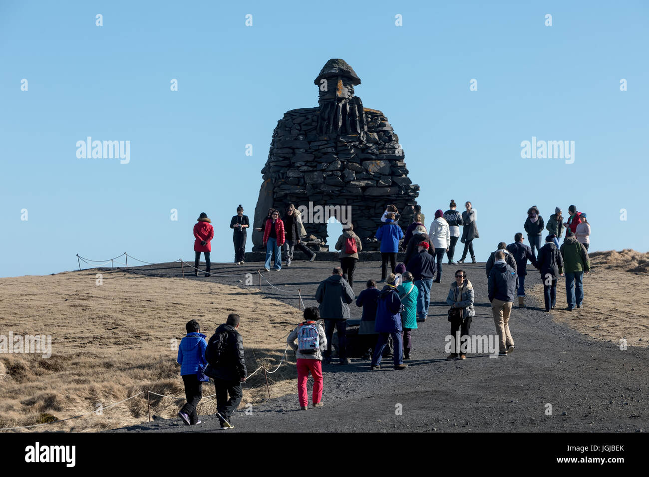 Arnarstapi, Iceland - March 31, 2017: Statue of Bardur Snaefellsnes, half-man, half-giant that is said to roam the Snaefellsnes glacier in Iceland. Ma Stock Photo