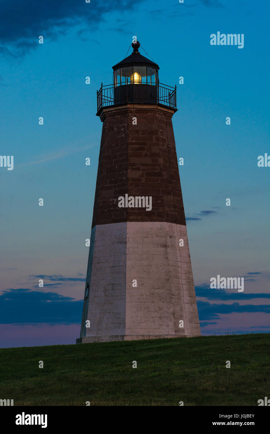 Point Judith Lighthouse durning the sunrise on Narragansett Bay Stock Photo