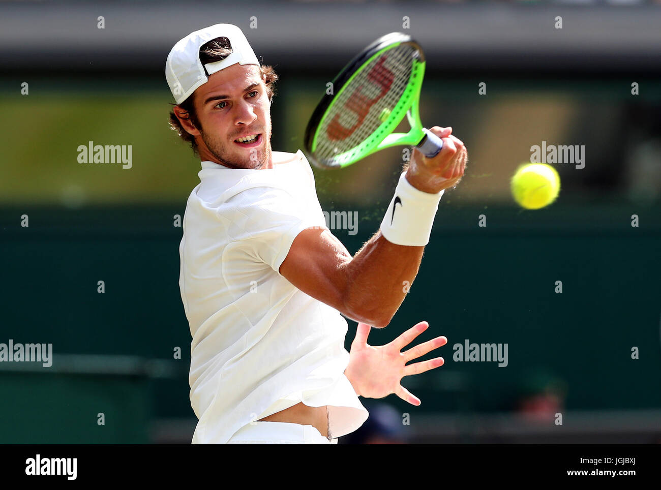 Karen Khachanov in action against Rafael Nadal on day five of the Wimbledon  Championships at The All England Lawn tennis and Croquet Club, Wimbledon  Stock Photo - Alamy