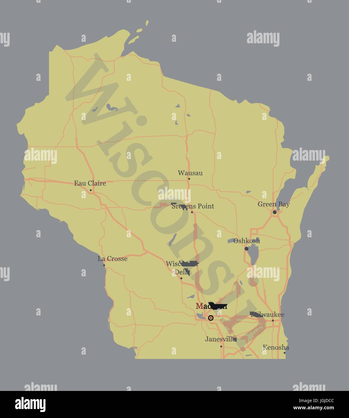 Wisconsin accurate vector exact detailed State Map with Community Assistance and Activates Icons Original pastel Illustration. United States of Americ Stock Vector