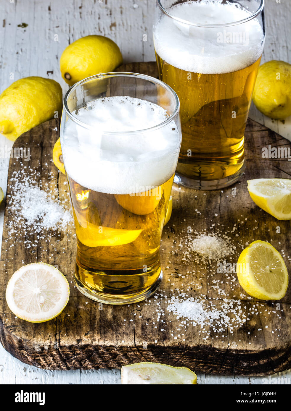 Ingredients for mexican chilean beer drink - Michelada Stock Photo