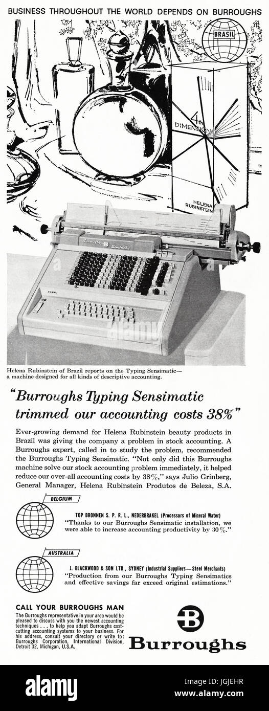 1960s advertisement advertising Burroughs Typing Sensimatic of Detroit Michigan USA for accounting as used by Helena Rubinstein of Brazil in magazine dated 5th December 1960 Stock Photo