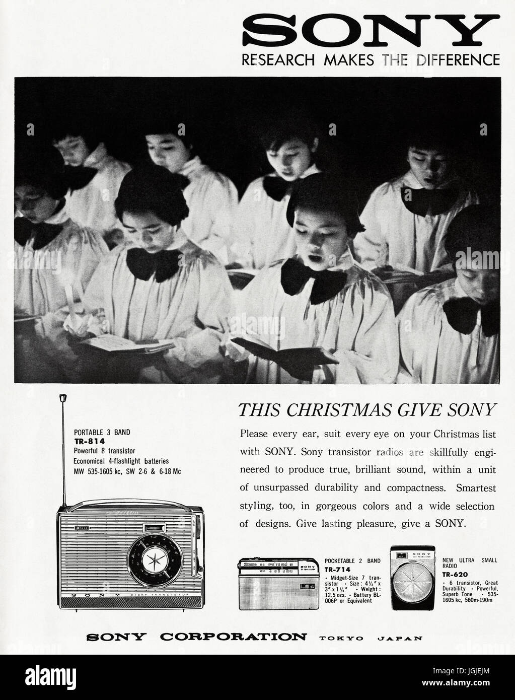 1960s advertisement advertising portable transistor radios by Sony Corporation of Tokyo Japan in magazine dated 5th December 1960 Stock Photo