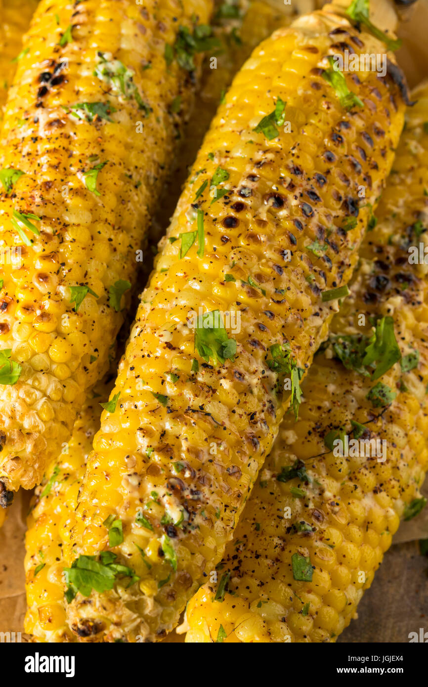 Barbecued Homemade Elote Mexican Street Corn with Mayo and Chili Powder