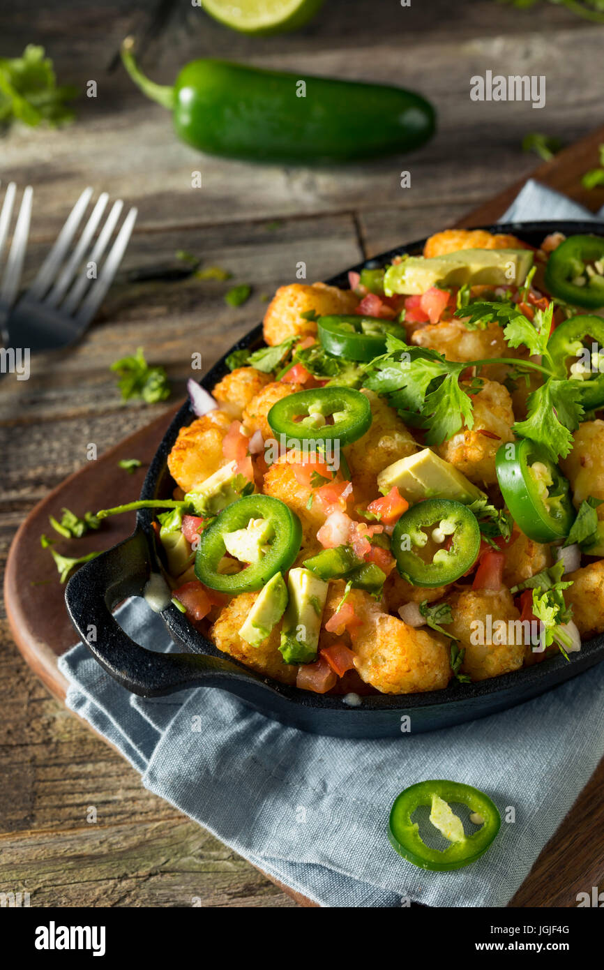 Homemade Mexican Tater Tot Nachos Tachos with Cheese Cilantro and Jalapeno Stock Photo
