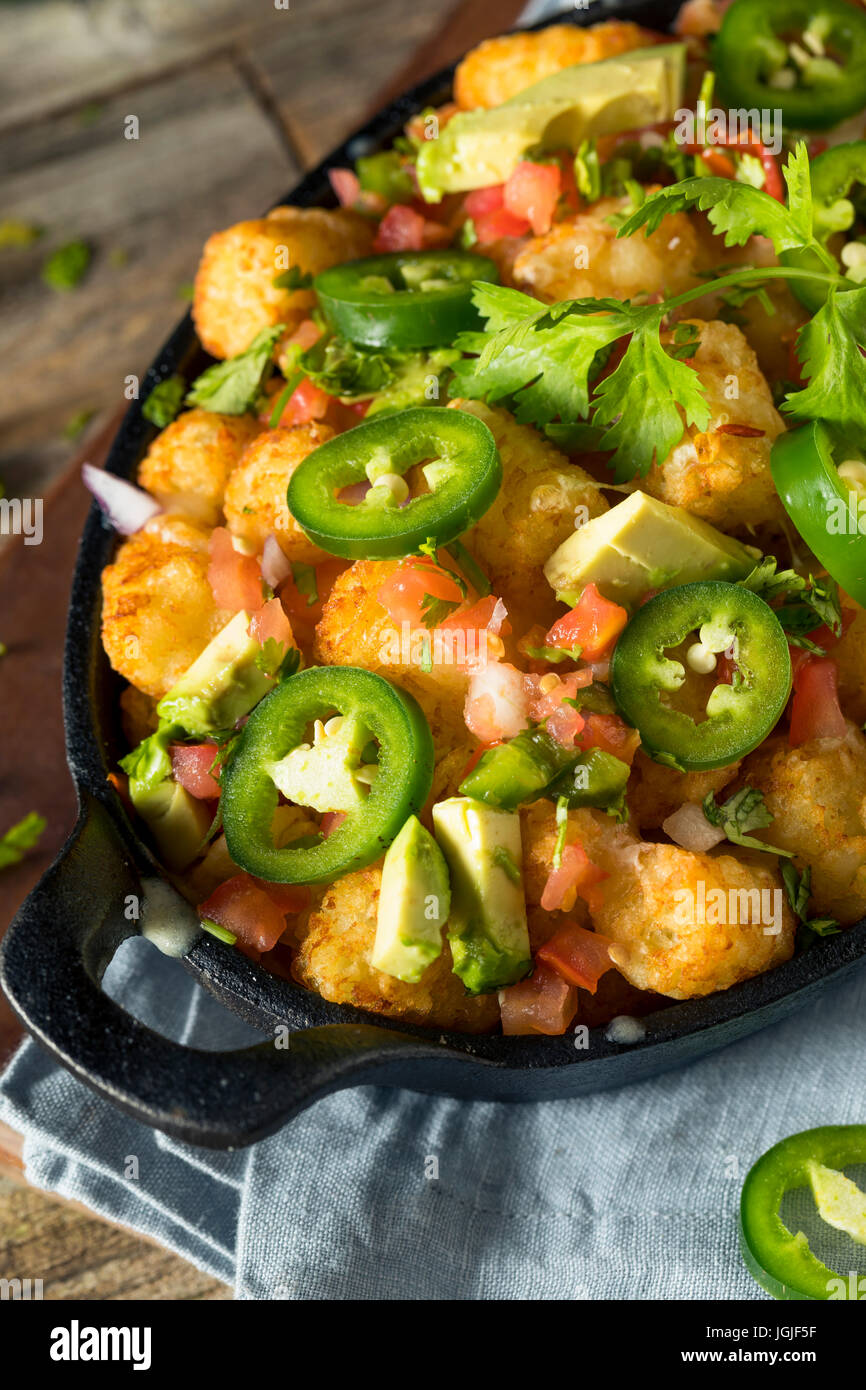 Homemade Mexican Tater Tot Nachos Tachos with Cheese Cilantro and Jalapeno Stock Photo