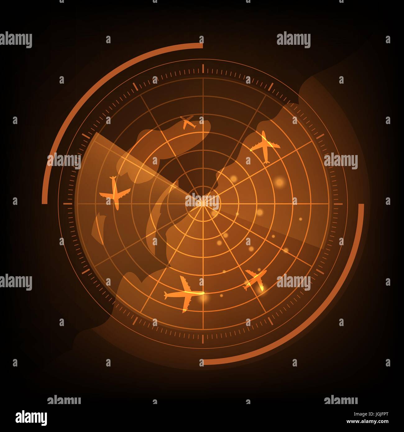 Orange radar screen with airplane and map, stock vector Stock Vector