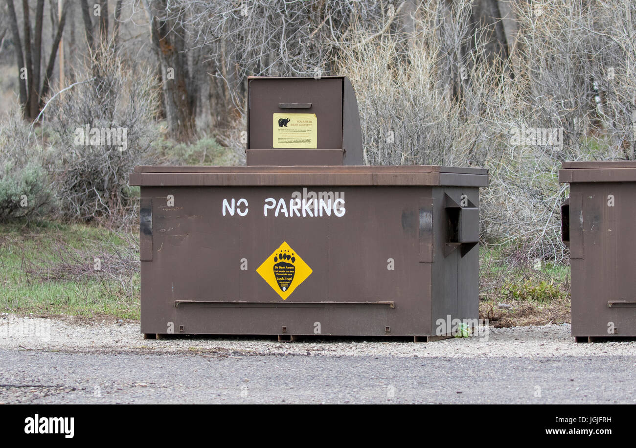 Bear proof trash can on roadside in national park Stock Photo Alamy
