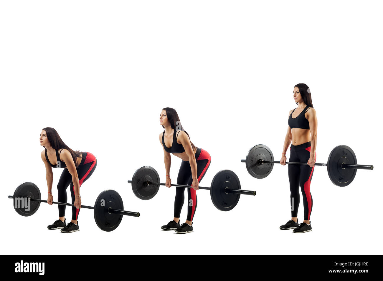 The technique of doing an exercise of deadlift with a barbell of a