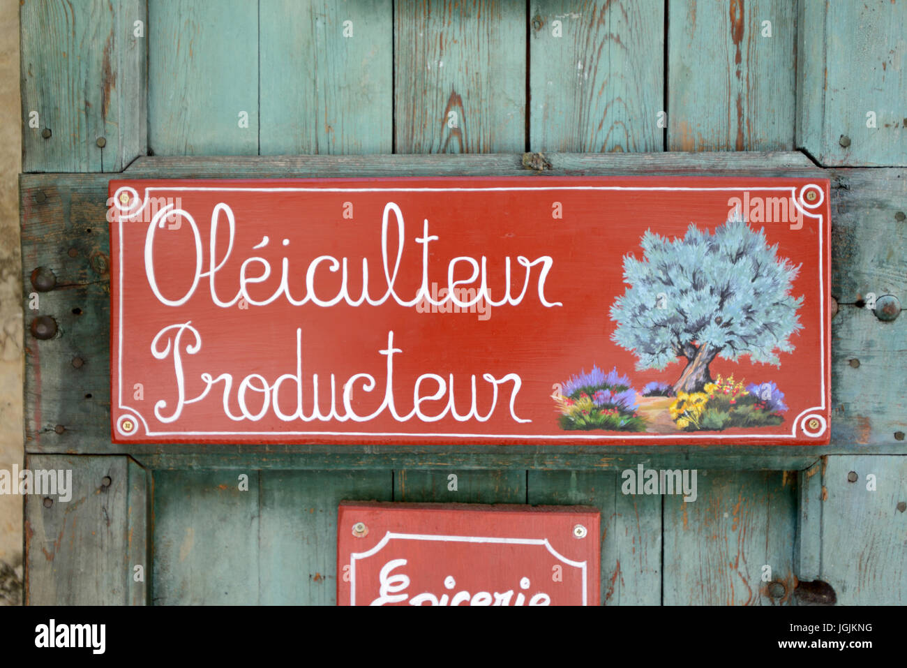 Sign for Olive Grower & Olive Oil Producer Moustiers or Moustiers-Sainte-Marie Alpes-de-Haute-Provence Provence France Stock Photo