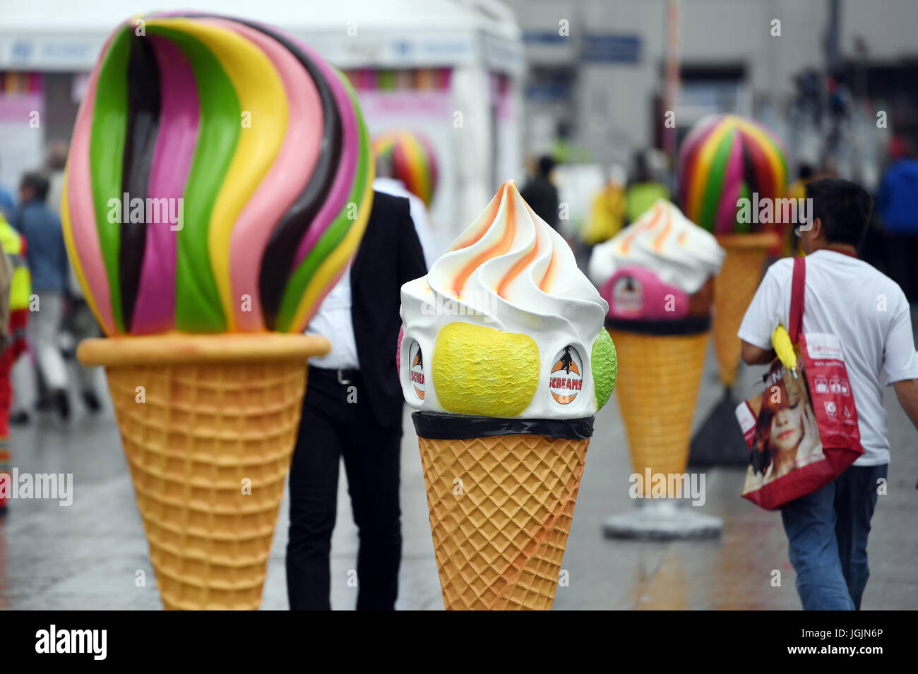 Berlin, Germany. 7th July, 2017. Plastic ice cream cones can be seen at