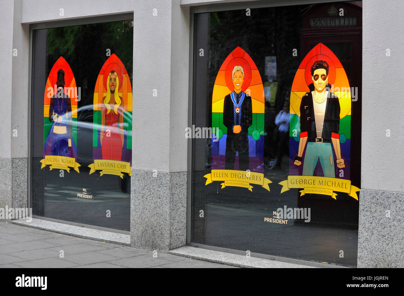 London, UK. 7th July, 2017. Images of (L to R) Boxer Nicola Adams, actress Laverne Cox, comedienne Ellen Degeneres and singer George Michael are unveiled by Mr President, a Soho advertising agency, as a tribute to modern icons of tolerance and acceptance, to support the LGBT community, ahead of the annual Pride parade tomorrow. Credit: Stephen Chung/Alamy Live News Stock Photo