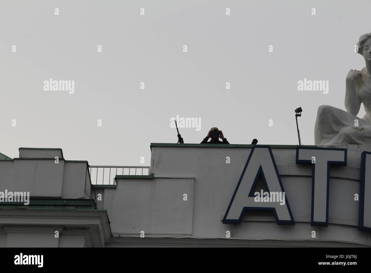 Hamburg, Germany. 07th July, 2017. G20 Summit protests in Hamburg. A sniper overwatches Hamburg on the rooftop in which the Canadian and Indian delegates are staying Credit: Conall Kearney/Alamy Live News Stock Photo