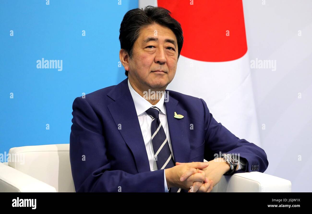Hamburg, Germany. 07th July, 2017. Japanese Prime Minister Shinzo Abe during a bilateral meeting with Russian President Vladimir Putin on the sidelines of the first day at the G20 Summit July 7, 2017 in Hamburg, Germany. Credit: Planetpix/Alamy Live News Stock Photo