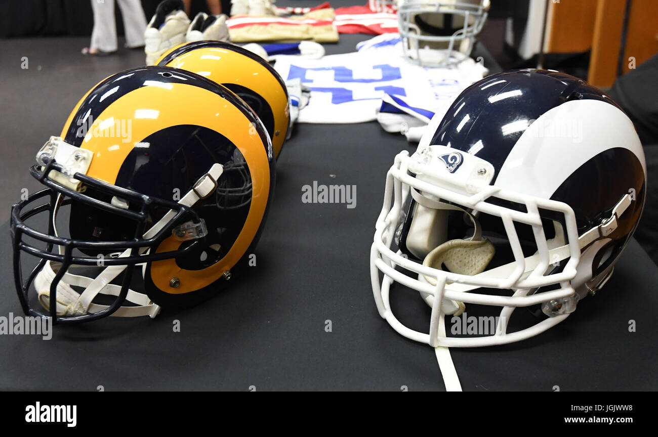 Los Angeles Rams blue and yellow helmets and blue and white helmets at ...