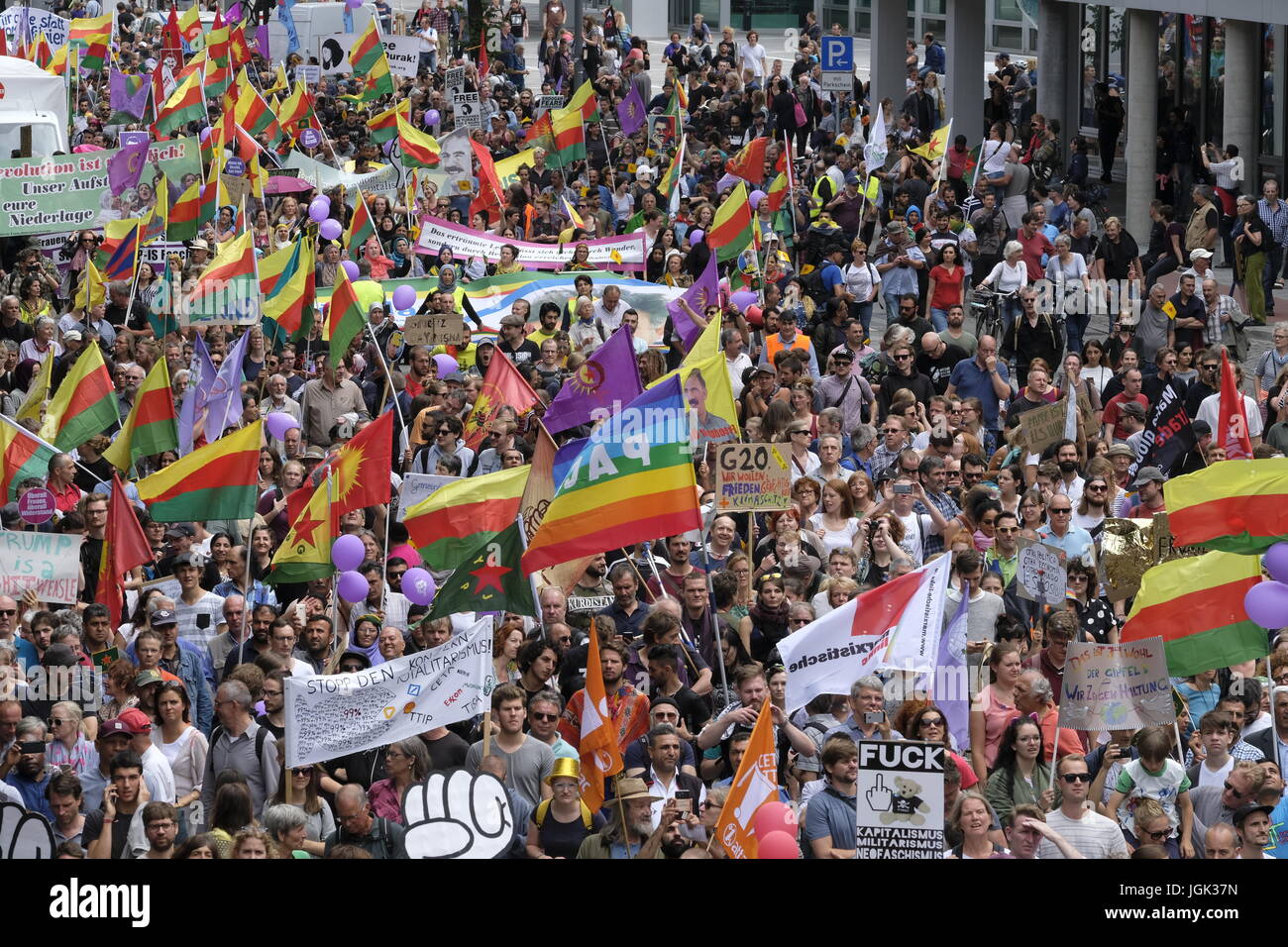 Hamburg, Germany. 08th July, 2017. Large anti G20 demonstration in Hamburg.Large demonstration against G20 by predominantly left wing groups marches through central Hamburg. Credit: Iain Masterton/Alamy Live News Stock Photo