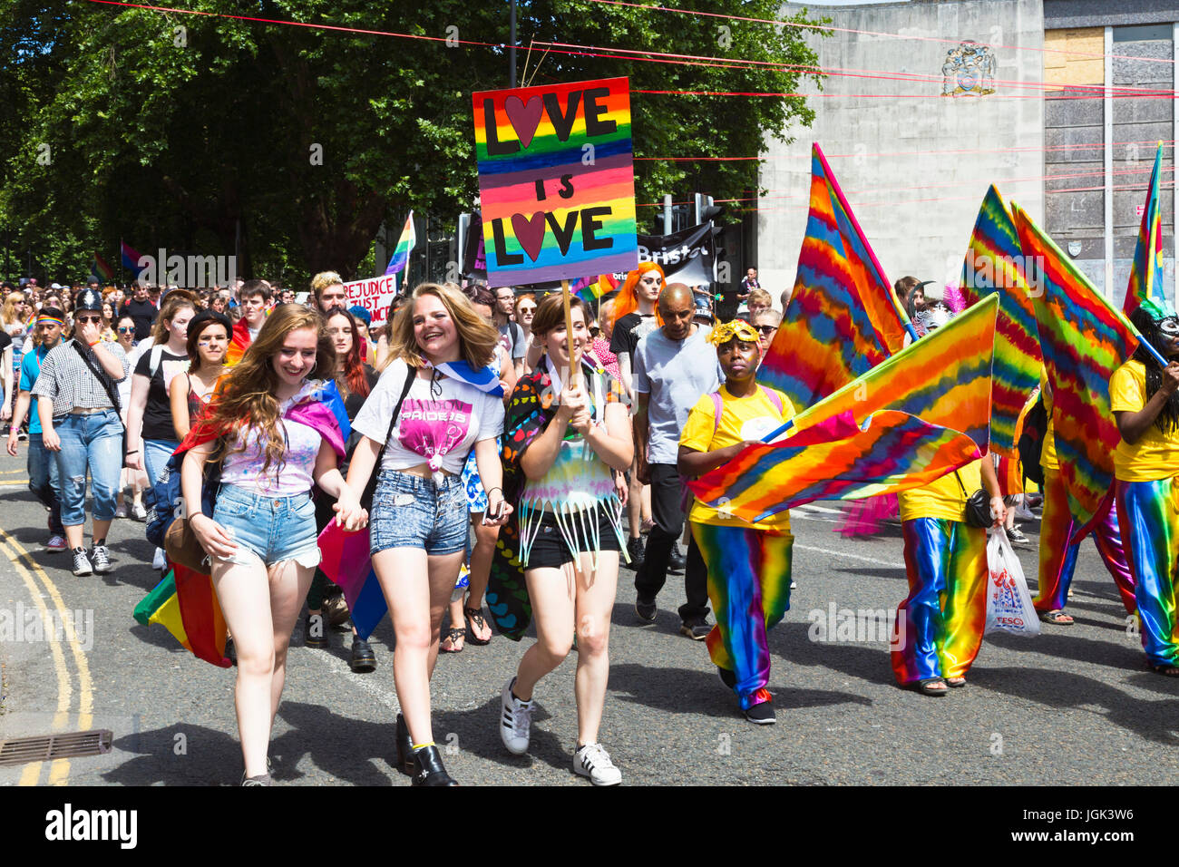 Bristol, UK. 8th July, 2017. Participants in a parade through the city center as part of the Bristol Pride Festival. Credit: Elizabeth Nunn/Alamy Live News. Stock Photo