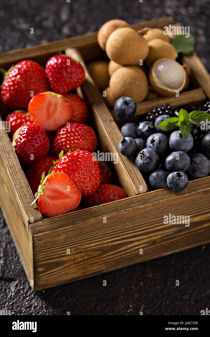 Fresh fruits in wooden box Stock Photo Alamy