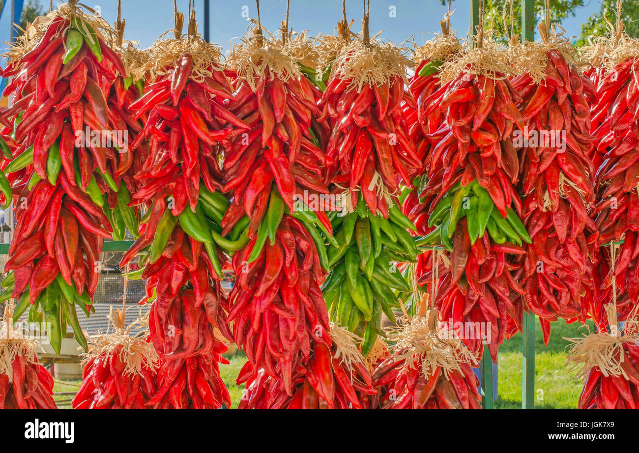 New Mexico red and green chile pepper ristras, Stock Photo