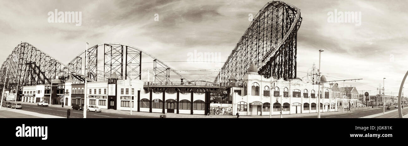 Panoramic view of The Big One roller coaster and Ocean Boulevard,Pleasure Beach amusement park,Blackpool,Lancashire,UK Stock Photo