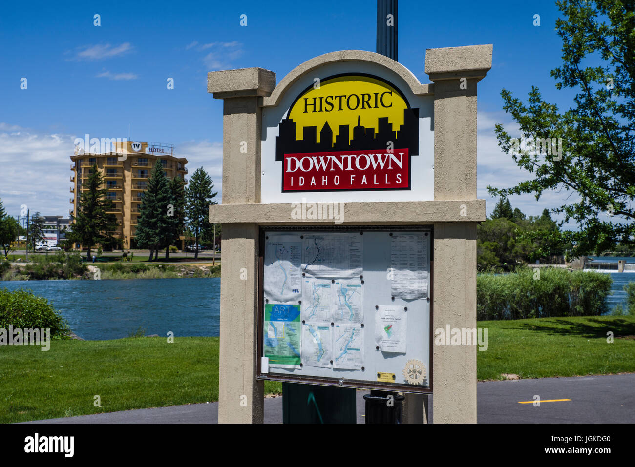 Historic downtown Idaho Falls sign and map along the Snake RIver Stock