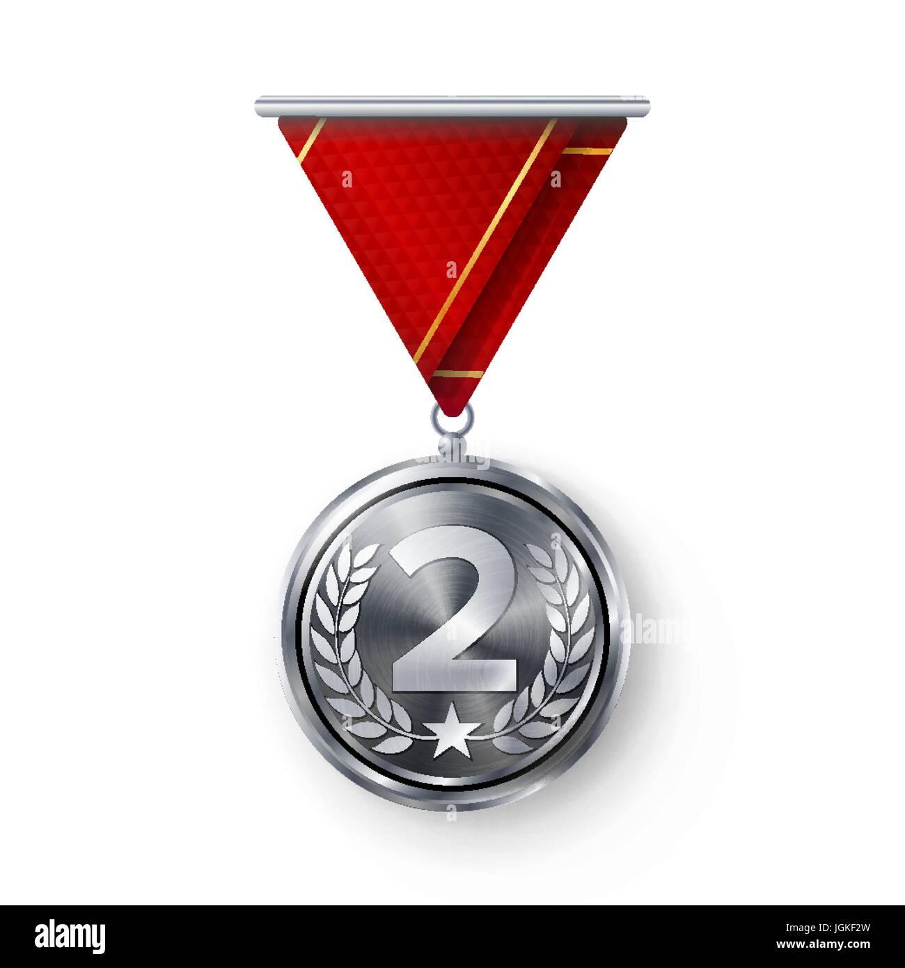 Silver Medal Vector. Metal Realistic Second Placement Achievement. Round Medal With Red Ribbon, Relief Detail Of Laurel Wreath And Star. Competition Game Siver Achievement. Winner Trophy Award Stock Vector